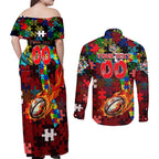 Dolphins Autism Awareness Couples Matching Off Shoulder Maxi Dress and Long Sleeve Button Shirt Puzzle Flames Rugby Ball