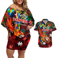 Dolphins Autism Awareness Couples Matching Off Shoulder Short Dress and Hawaiian Shirt Puzzle Flames Rugby Ball