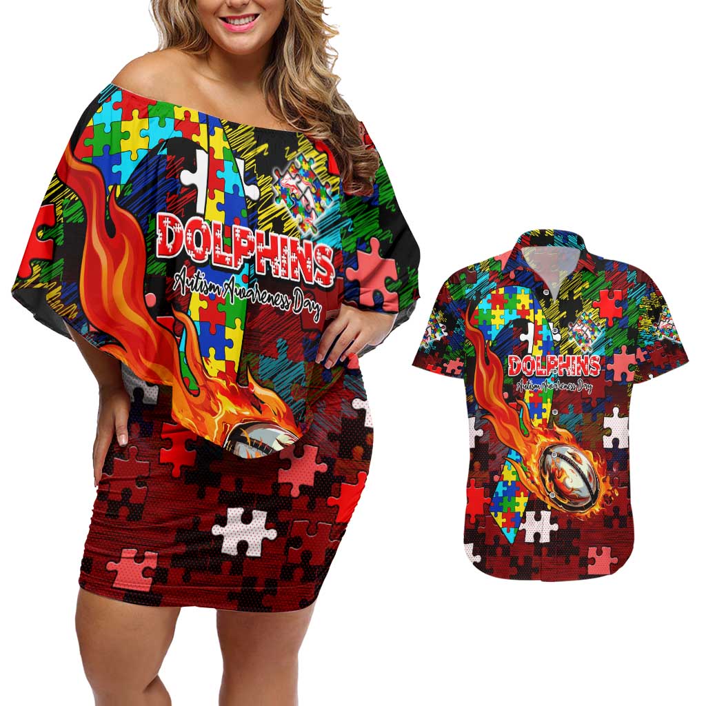 Dolphins Autism Awareness Couples Matching Off Shoulder Short Dress and Hawaiian Shirt Puzzle Flames Rugby Ball