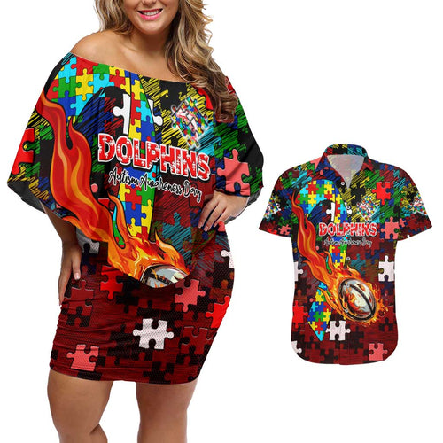 Dolphins Autism Awareness Couples Matching Off Shoulder Short Dress and Hawaiian Shirt Puzzle Flames Rugby Ball