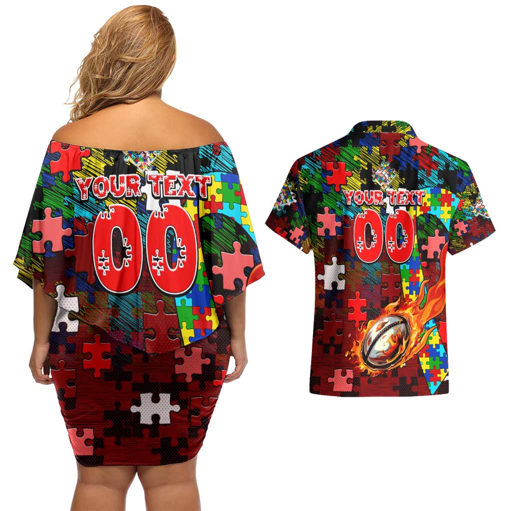 Dolphins Autism Awareness Couples Matching Off Shoulder Short Dress and Hawaiian Shirt Puzzle Flames Rugby Ball