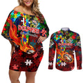 Dolphins Autism Awareness Couples Matching Off Shoulder Short Dress and Long Sleeve Button Shirt Puzzle Flames Rugby Ball