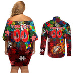 Dolphins Autism Awareness Couples Matching Off Shoulder Short Dress and Long Sleeve Button Shirt Puzzle Flames Rugby Ball