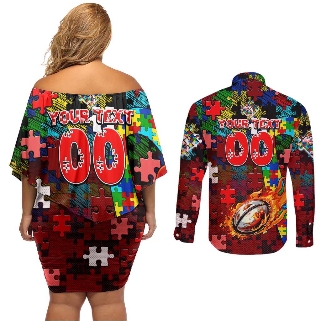 Dolphins Autism Awareness Couples Matching Off Shoulder Short Dress and Long Sleeve Button Shirt Puzzle Flames Rugby Ball