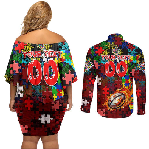 Dolphins Autism Awareness Couples Matching Off Shoulder Short Dress and Long Sleeve Button Shirt Puzzle Flames Rugby Ball