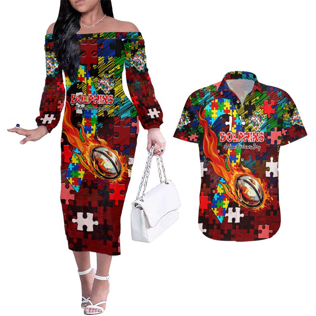 Dolphins Autism Awareness Couples Matching Off The Shoulder Long Sleeve Dress and Hawaiian Shirt Puzzle Flames Rugby Ball