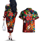 Dolphins Autism Awareness Couples Matching Off The Shoulder Long Sleeve Dress and Hawaiian Shirt Puzzle Flames Rugby Ball