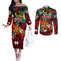 Dolphins Autism Awareness Couples Matching Off The Shoulder Long Sleeve Dress and Long Sleeve Button Shirt Puzzle Flames Rugby Ball