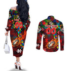 Dolphins Autism Awareness Couples Matching Off The Shoulder Long Sleeve Dress and Long Sleeve Button Shirt Puzzle Flames Rugby Ball