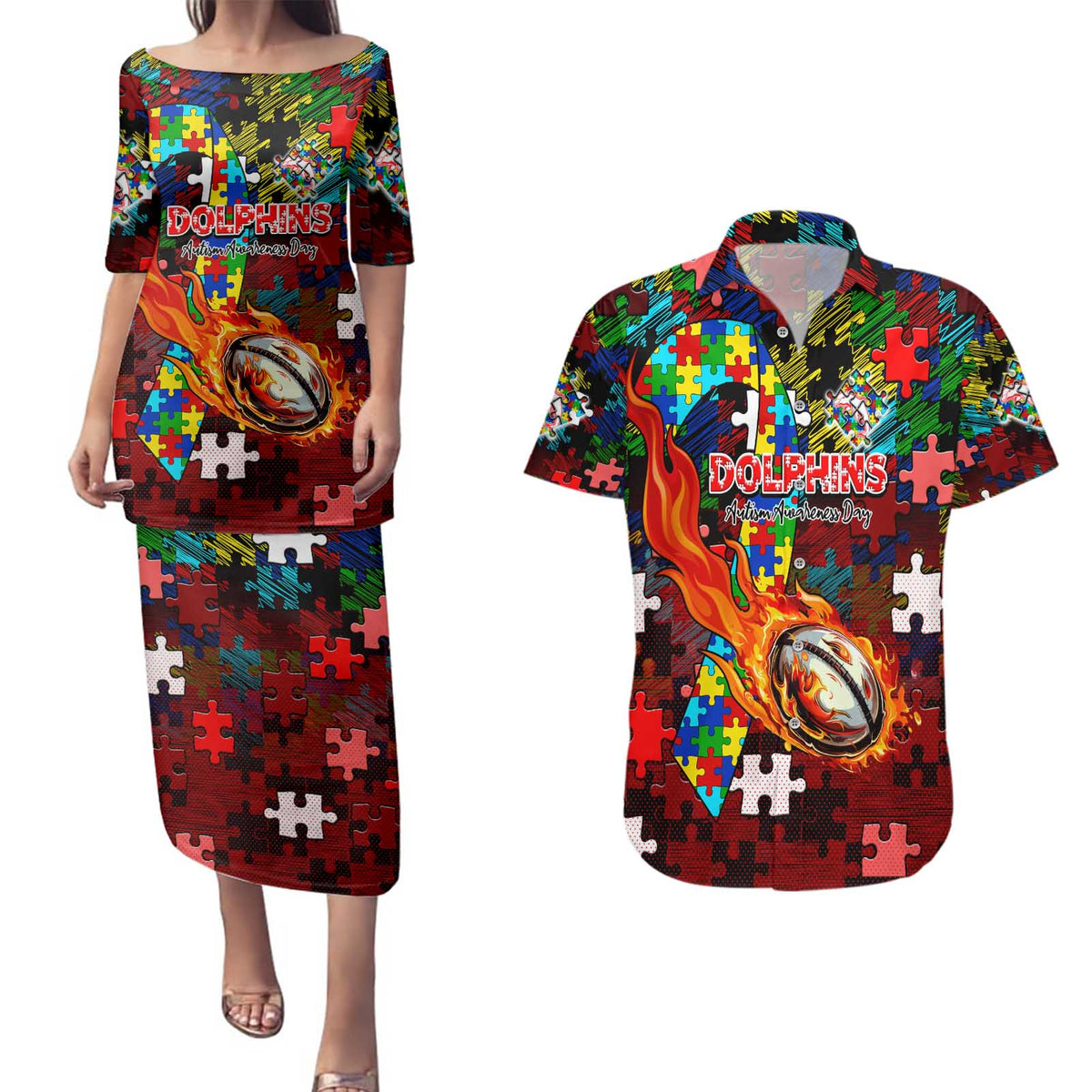 Dolphins Autism Awareness Couples Matching Puletasi and Hawaiian Shirt Puzzle Flames Rugby Ball