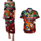 Dolphins Autism Awareness Couples Matching Puletasi and Hawaiian Shirt Puzzle Flames Rugby Ball