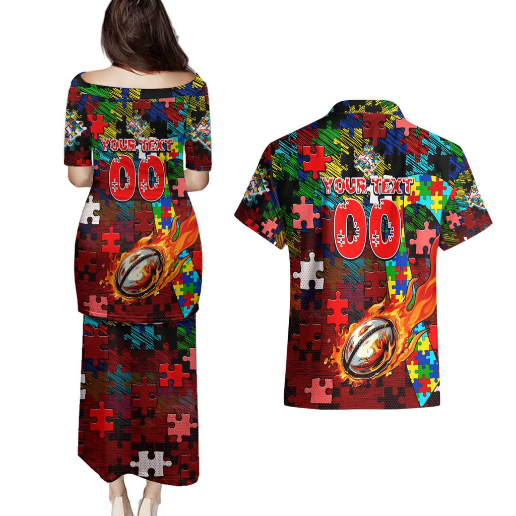 Dolphins Autism Awareness Couples Matching Puletasi and Hawaiian Shirt Puzzle Flames Rugby Ball