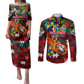 Dolphins Autism Awareness Couples Matching Puletasi and Long Sleeve Button Shirt Puzzle Flames Rugby Ball