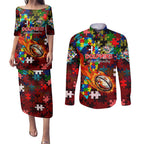 Dolphins Autism Awareness Couples Matching Puletasi and Long Sleeve Button Shirt Puzzle Flames Rugby Ball