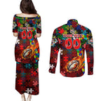 Dolphins Autism Awareness Couples Matching Puletasi and Long Sleeve Button Shirt Puzzle Flames Rugby Ball