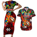 Dolphins Autism Awareness Couples Matching Short Sleeve Bodycon Dress and Hawaiian Shirt Puzzle Flames Rugby Ball