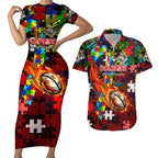 Dolphins Autism Awareness Couples Matching Short Sleeve Bodycon Dress and Hawaiian Shirt Puzzle Flames Rugby Ball