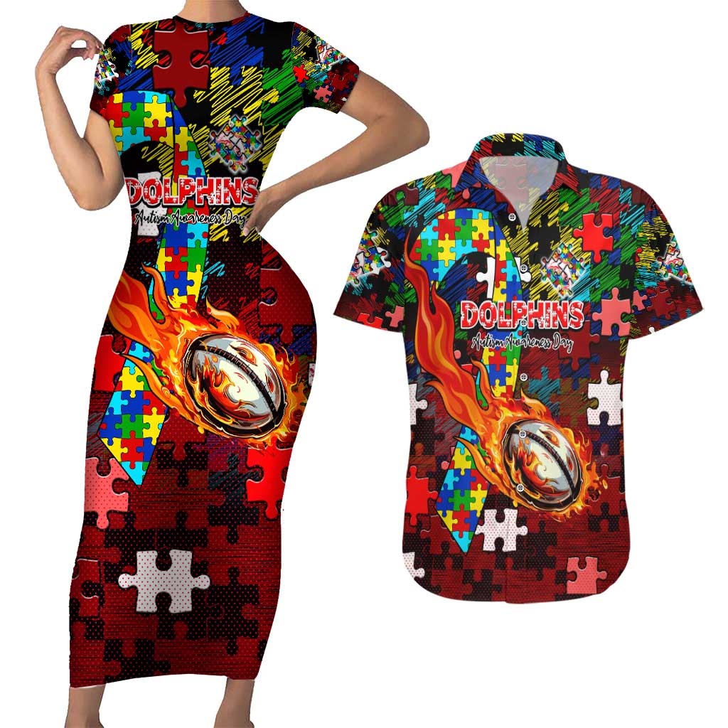 Dolphins Autism Awareness Couples Matching Short Sleeve Bodycon Dress and Hawaiian Shirt Puzzle Flames Rugby Ball
