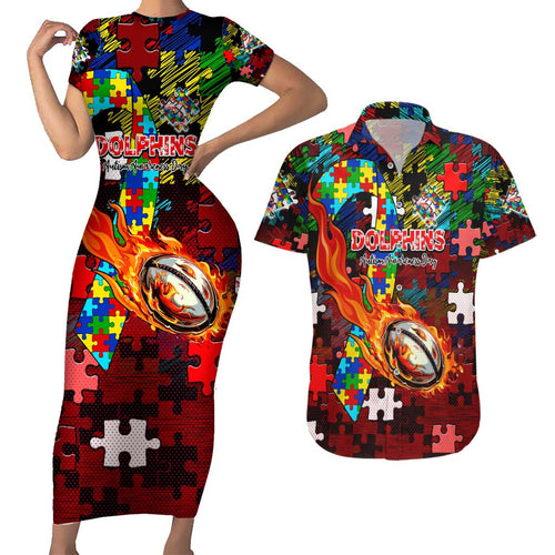 Dolphins Autism Awareness Couples Matching Short Sleeve Bodycon Dress and Hawaiian Shirt Puzzle Flames Rugby Ball