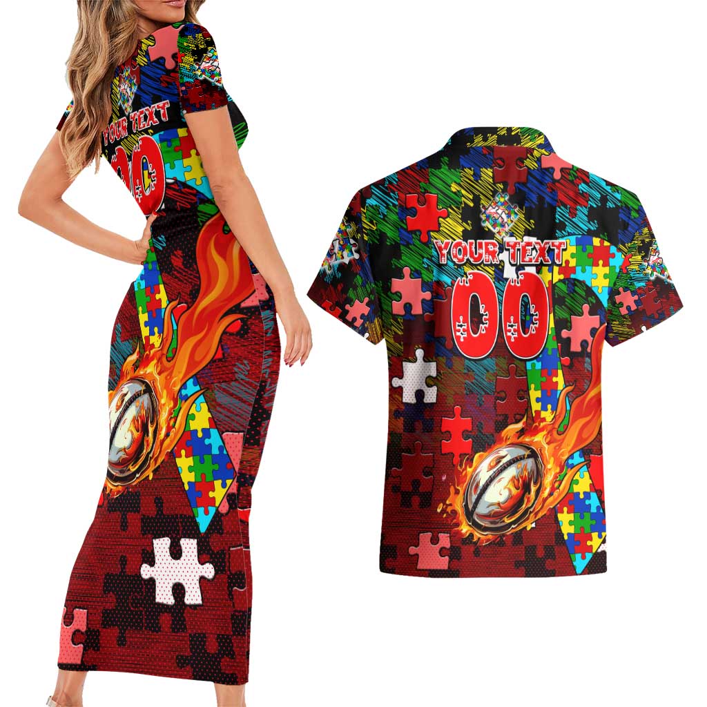 Dolphins Autism Awareness Couples Matching Short Sleeve Bodycon Dress and Hawaiian Shirt Puzzle Flames Rugby Ball