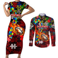 Dolphins Autism Awareness Couples Matching Short Sleeve Bodycon Dress and Long Sleeve Button Shirt Puzzle Flames Rugby Ball