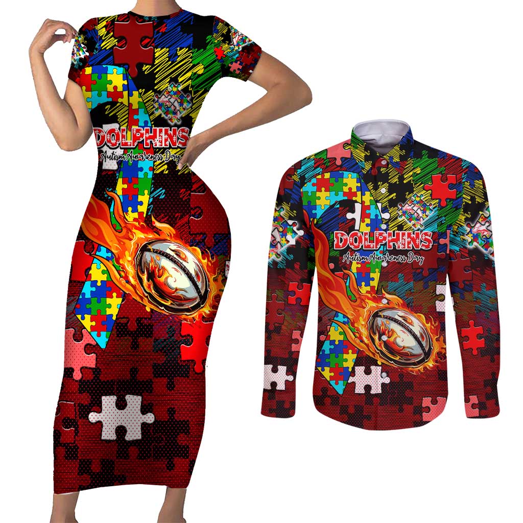 Dolphins Autism Awareness Couples Matching Short Sleeve Bodycon Dress and Long Sleeve Button Shirt Puzzle Flames Rugby Ball