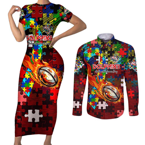 Dolphins Autism Awareness Couples Matching Short Sleeve Bodycon Dress and Long Sleeve Button Shirt Puzzle Flames Rugby Ball