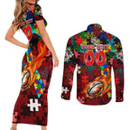 Dolphins Autism Awareness Couples Matching Short Sleeve Bodycon Dress and Long Sleeve Button Shirt Puzzle Flames Rugby Ball