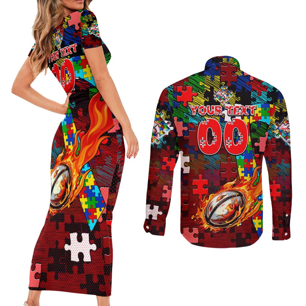 Dolphins Autism Awareness Couples Matching Short Sleeve Bodycon Dress and Long Sleeve Button Shirt Puzzle Flames Rugby Ball