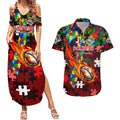 Dolphins Autism Awareness Couples Matching Summer Maxi Dress and Hawaiian Shirt Puzzle Flames Rugby Ball