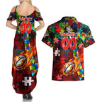 Dolphins Autism Awareness Couples Matching Summer Maxi Dress and Hawaiian Shirt Puzzle Flames Rugby Ball