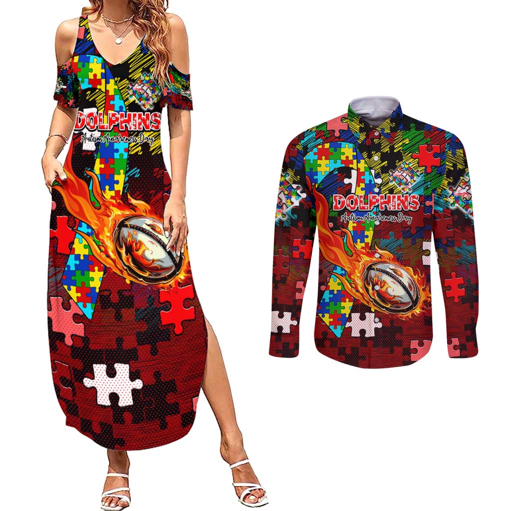 Dolphins Autism Awareness Couples Matching Summer Maxi Dress and Long Sleeve Button Shirt Puzzle Flames Rugby Ball