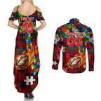 Dolphins Autism Awareness Couples Matching Summer Maxi Dress and Long Sleeve Button Shirt Puzzle Flames Rugby Ball