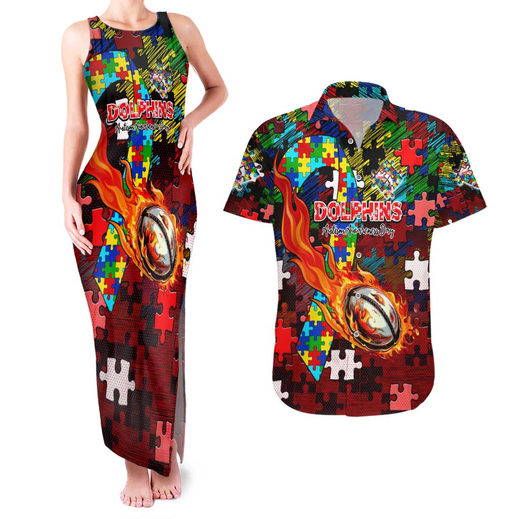 Dolphins Autism Awareness Couples Matching Tank Maxi Dress and Hawaiian Shirt Puzzle Flames Rugby Ball