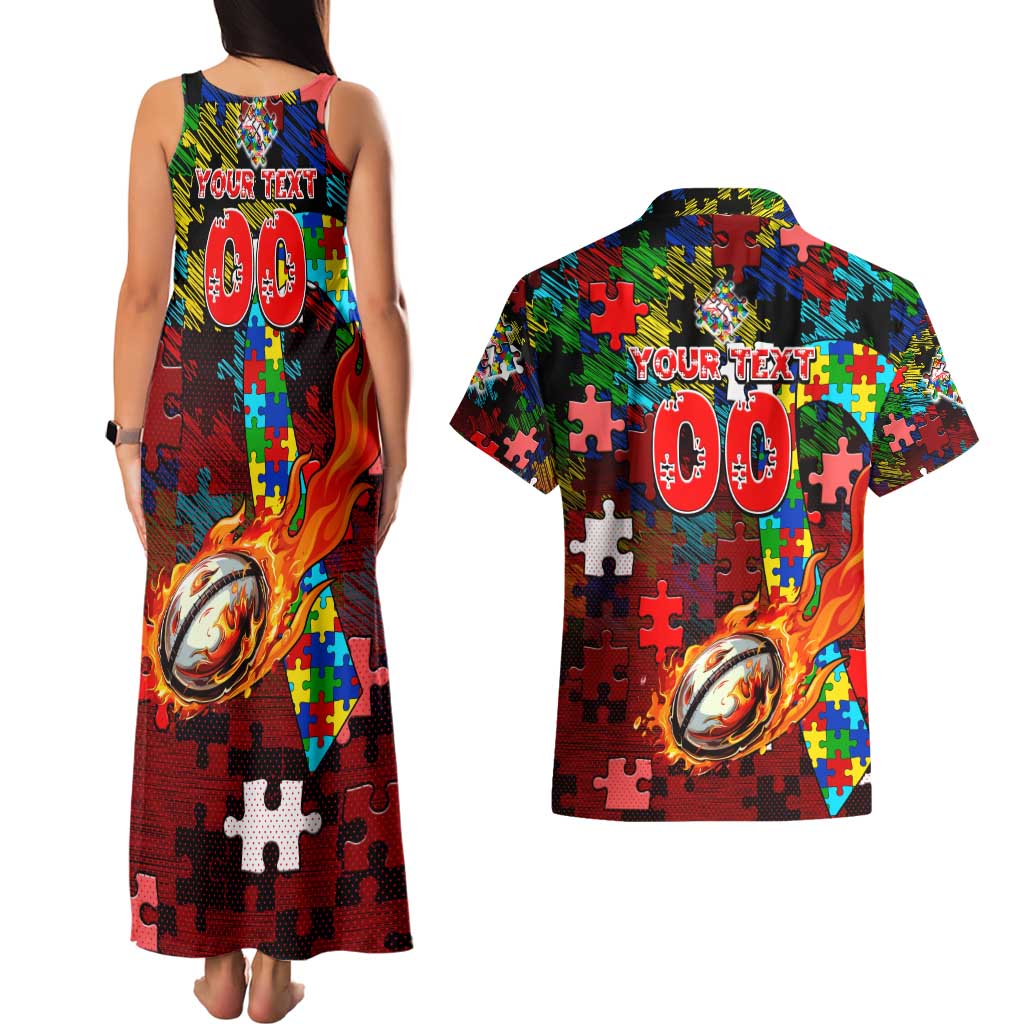 Dolphins Autism Awareness Couples Matching Tank Maxi Dress and Hawaiian Shirt Puzzle Flames Rugby Ball