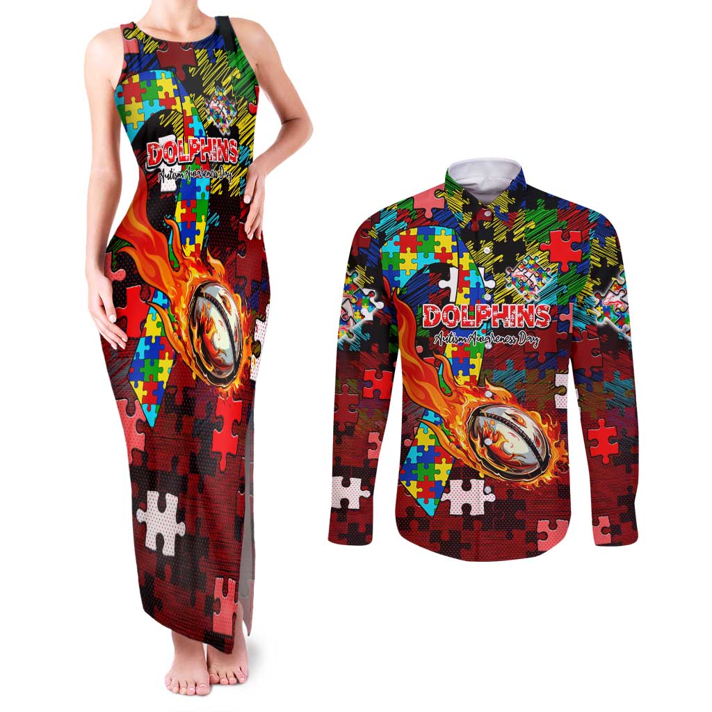 Dolphins Autism Awareness Couples Matching Tank Maxi Dress and Long Sleeve Button Shirt Puzzle Flames Rugby Ball