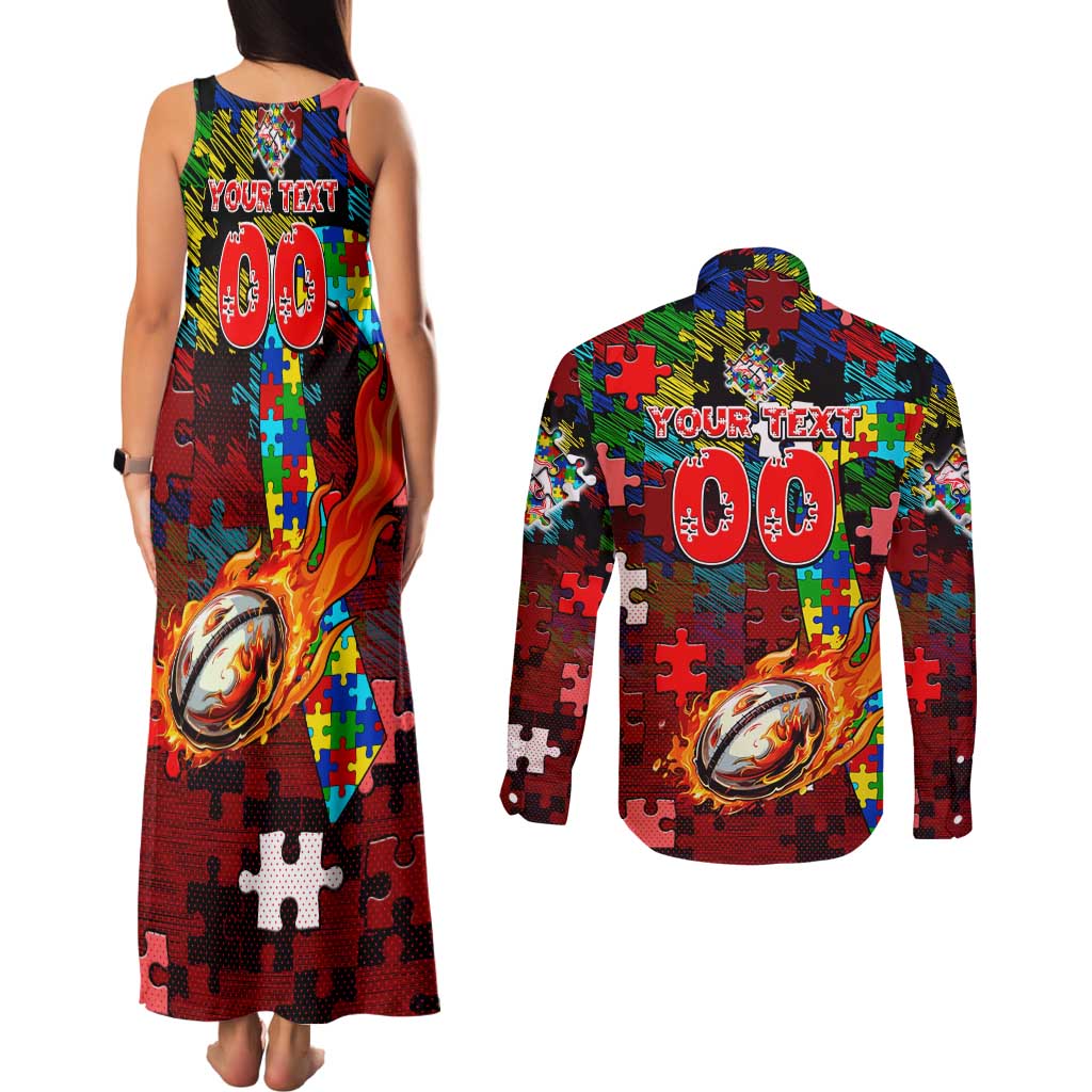 Dolphins Autism Awareness Couples Matching Tank Maxi Dress and Long Sleeve Button Shirt Puzzle Flames Rugby Ball