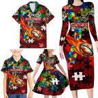 Dolphins Autism Awareness Family Matching Long Sleeve Bodycon Dress and Hawaiian Shirt Puzzle Flames Rugby Ball