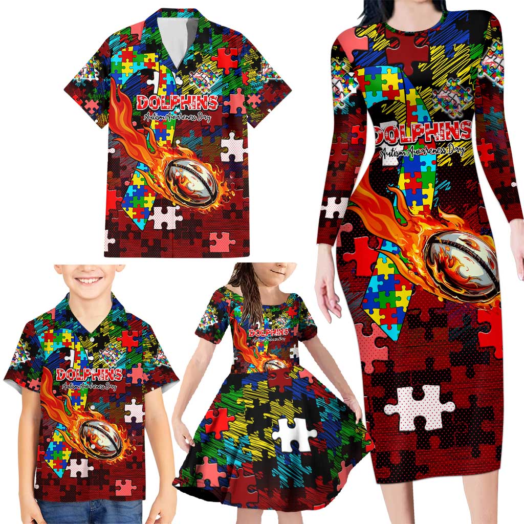 Dolphins Autism Awareness Family Matching Long Sleeve Bodycon Dress and Hawaiian Shirt Puzzle Flames Rugby Ball