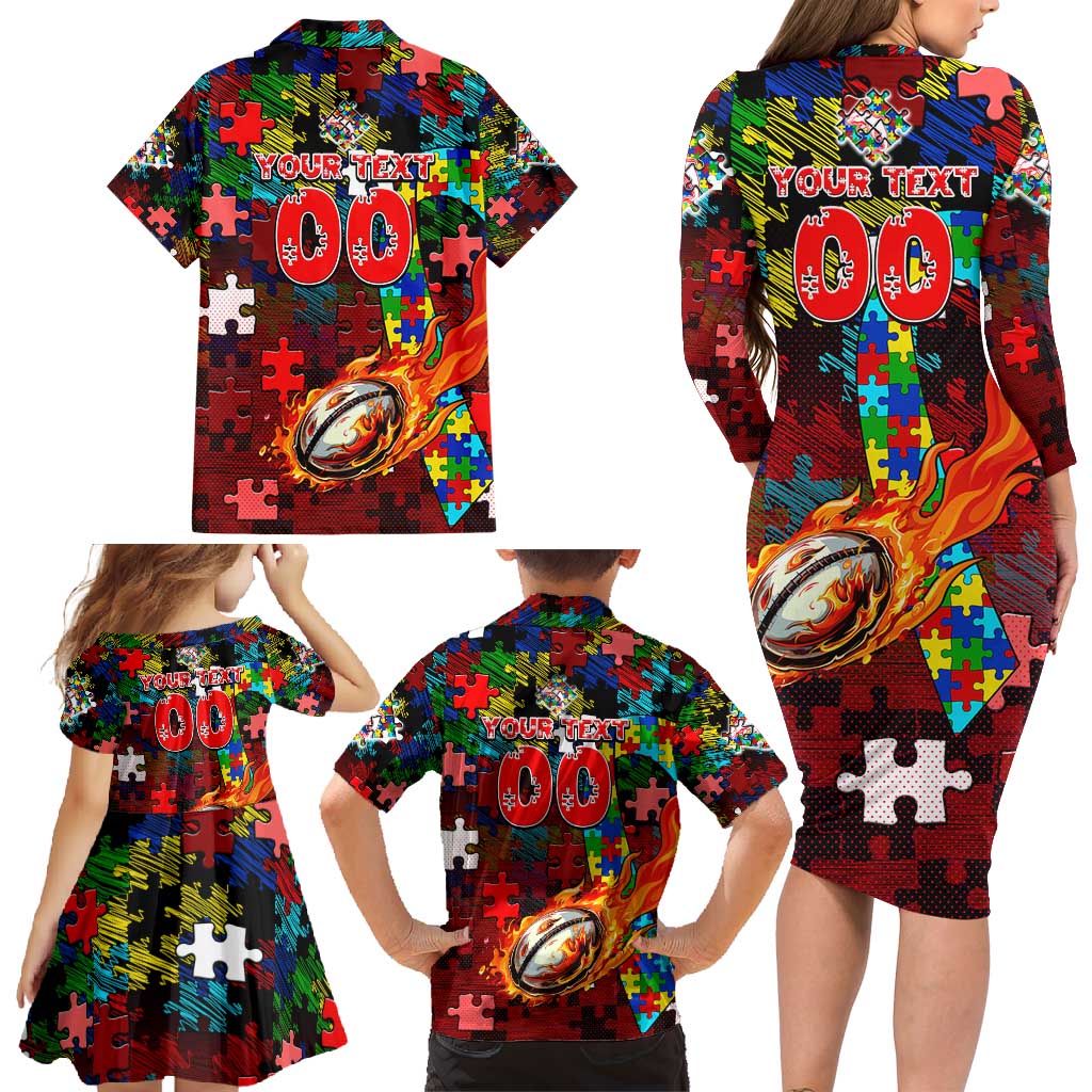 Dolphins Autism Awareness Family Matching Long Sleeve Bodycon Dress and Hawaiian Shirt Puzzle Flames Rugby Ball