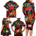 Dolphins Autism Awareness Family Matching Long Sleeve Bodycon Dress and Hawaiian Shirt Puzzle Flames Rugby Ball