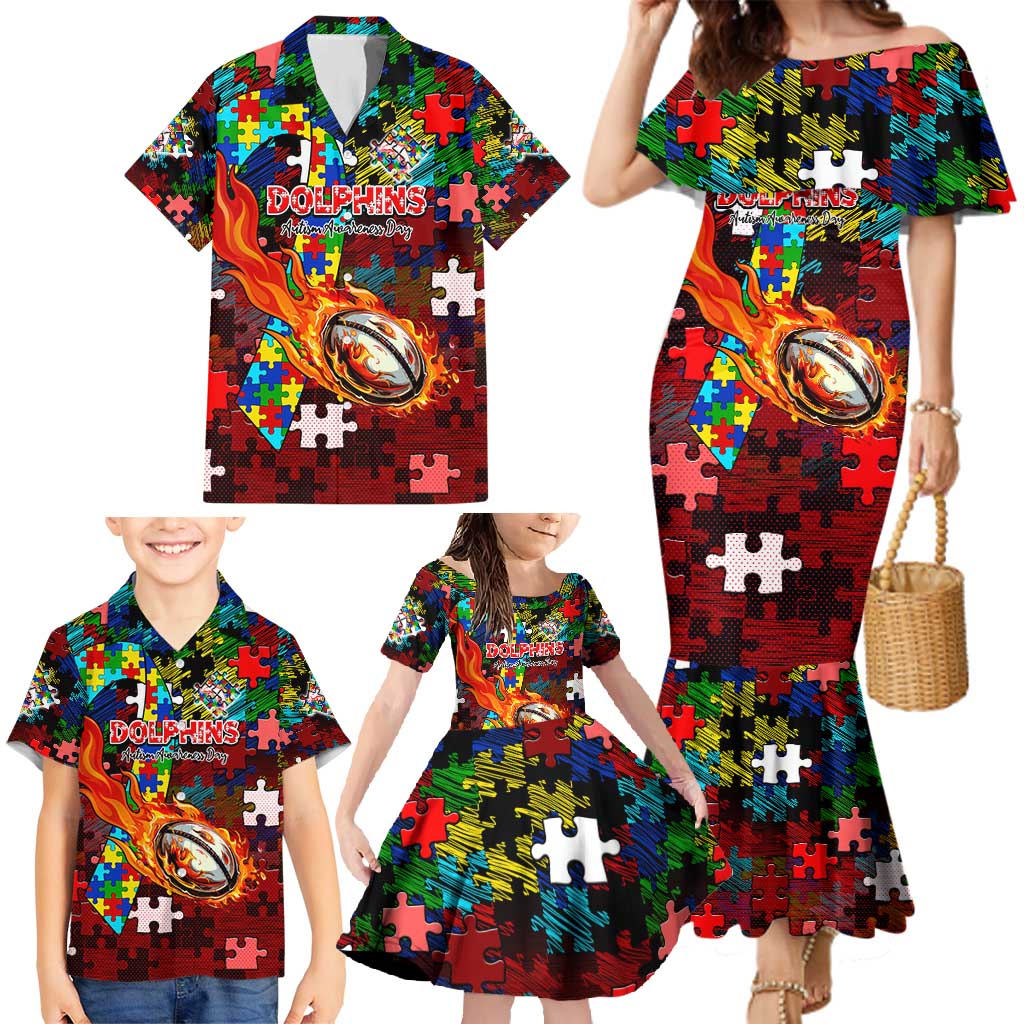 Dolphins Autism Awareness Family Matching Mermaid Dress and Hawaiian Shirt Puzzle Flames Rugby Ball