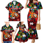 Dolphins Autism Awareness Family Matching Mermaid Dress and Hawaiian Shirt Puzzle Flames Rugby Ball