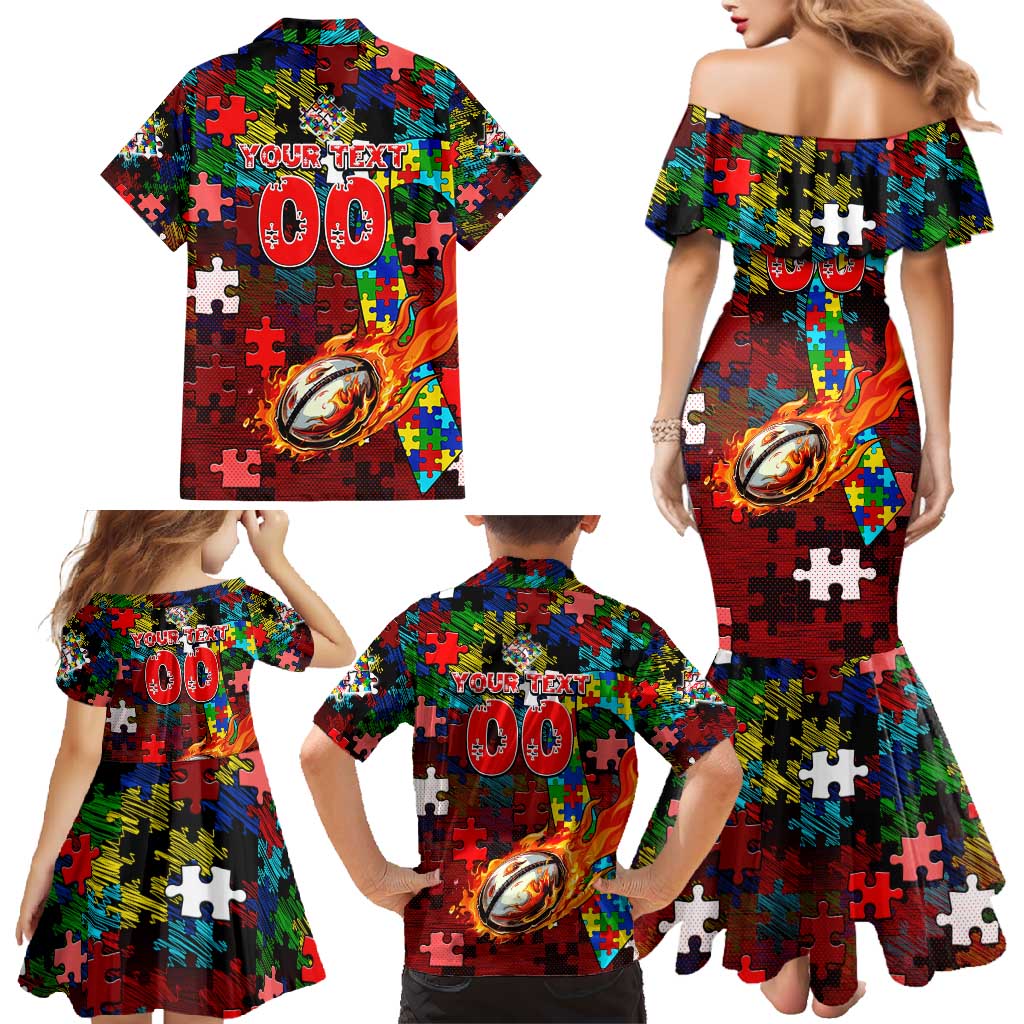 Dolphins Autism Awareness Family Matching Mermaid Dress and Hawaiian Shirt Puzzle Flames Rugby Ball