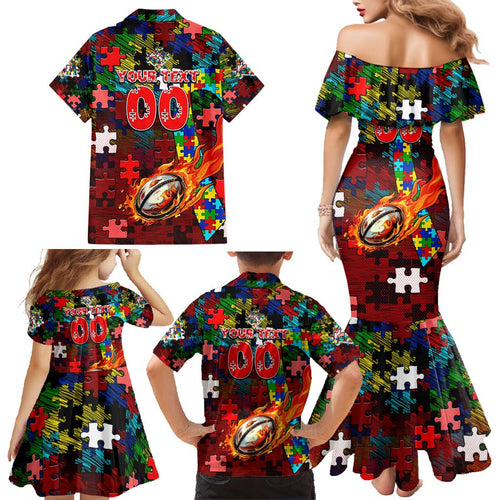 Dolphins Autism Awareness Family Matching Mermaid Dress and Hawaiian Shirt Puzzle Flames Rugby Ball
