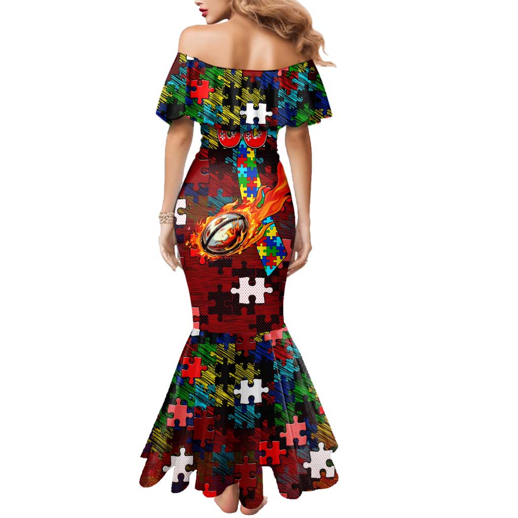 Dolphins Autism Awareness Family Matching Mermaid Dress and Hawaiian Shirt Puzzle Flames Rugby Ball