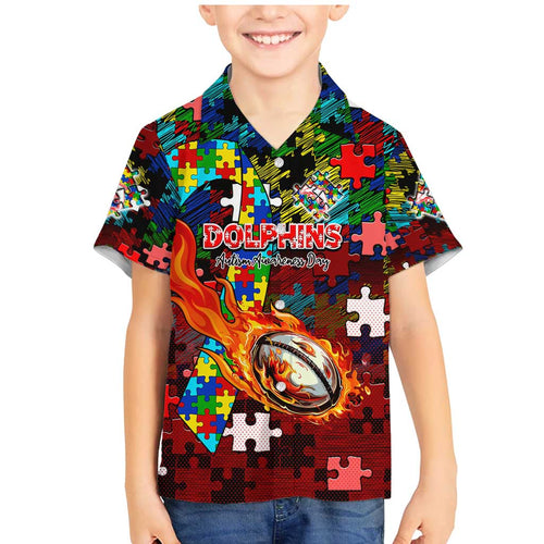 Dolphins Autism Awareness Family Matching Mermaid Dress and Hawaiian Shirt Puzzle Flames Rugby Ball