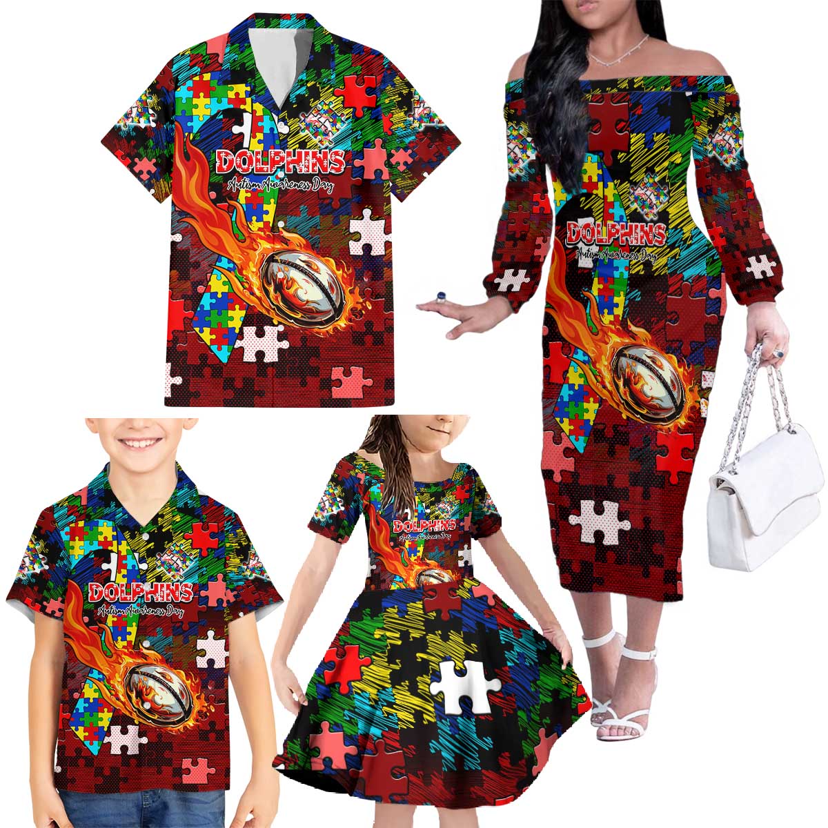 Dolphins Autism Awareness Family Matching Off The Shoulder Long Sleeve Dress and Hawaiian Shirt Puzzle Flames Rugby Ball