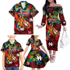 Dolphins Autism Awareness Family Matching Off The Shoulder Long Sleeve Dress and Hawaiian Shirt Puzzle Flames Rugby Ball
