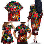 Dolphins Autism Awareness Family Matching Off The Shoulder Long Sleeve Dress and Hawaiian Shirt Puzzle Flames Rugby Ball